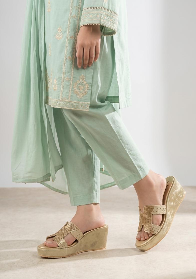 Sliptoria Gold "X" Strap Wedges
