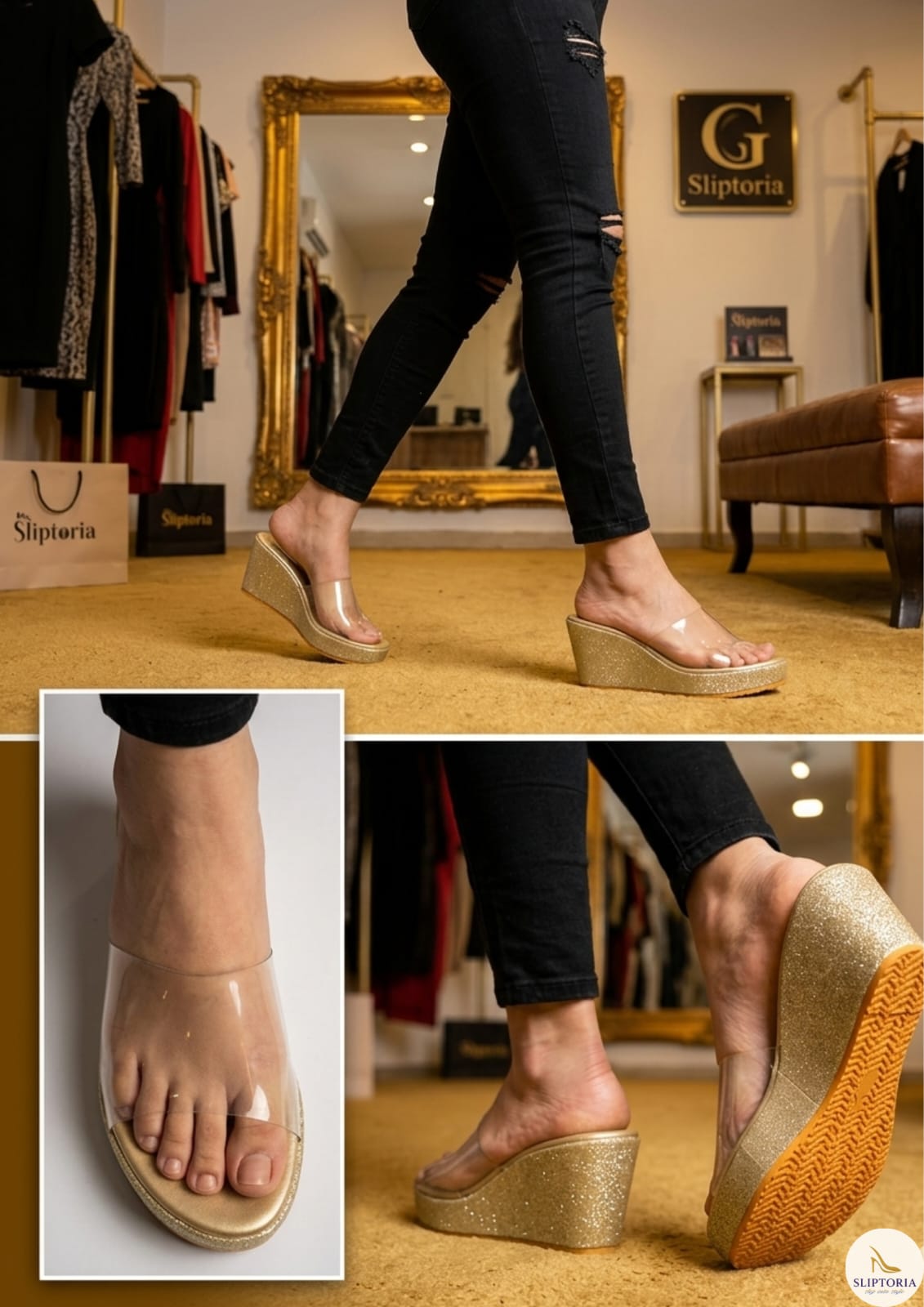Invisible Strap Gold Glimmer Wedges