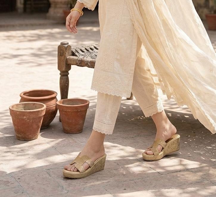 Sliptoria Gold "X" Strap Wedges