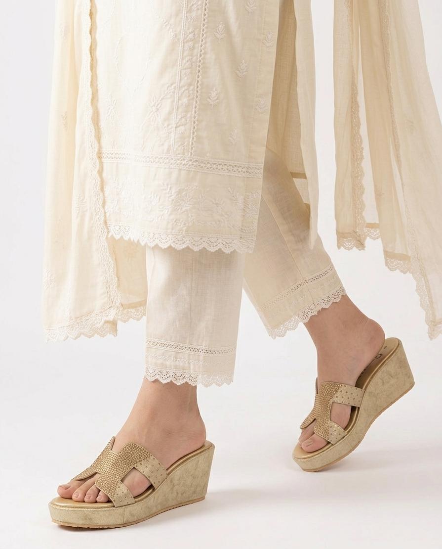 Sliptoria Gold "X" Strap Wedges