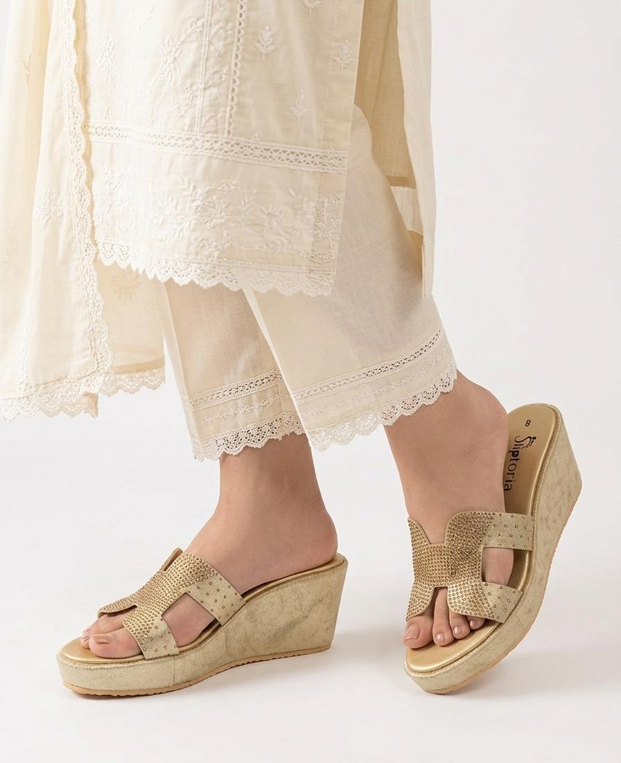 Sliptoria Gold "X" Strap Wedges