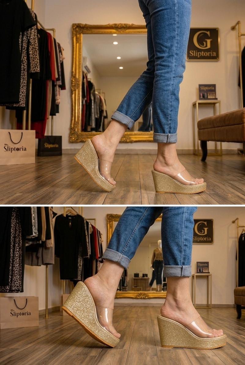 Invisible Strap Gold Glimmer Wedges